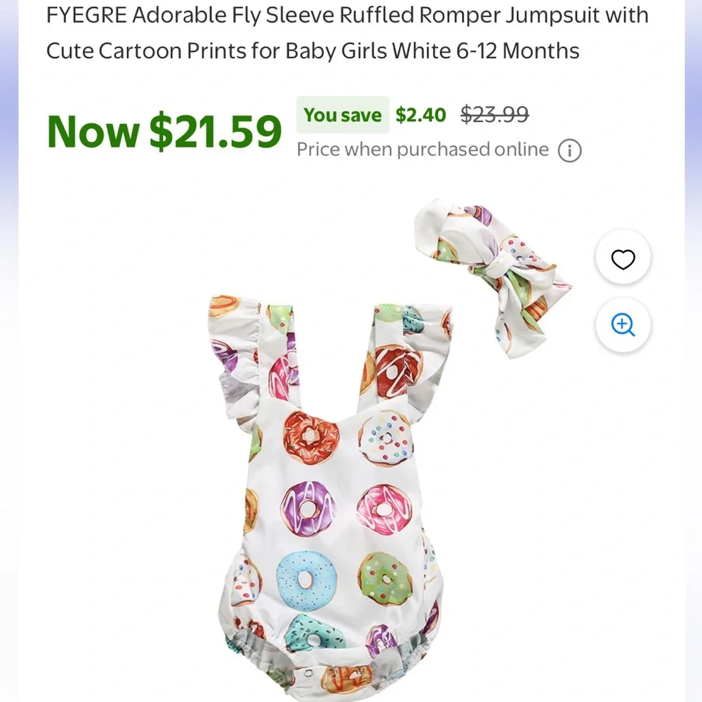 Fyegre Donut Print Ruffle Strap Baby One-Piece with bow